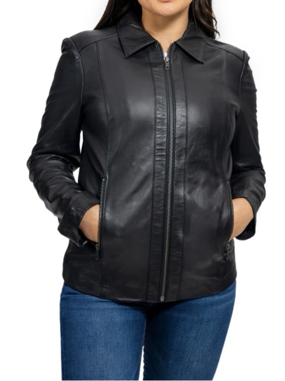 Women's Black Leather Zip Front Jacket